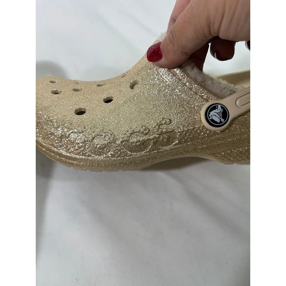 Kids Crocs Glitter Lined Faux Fur‎ Clogs Sparkle Cozy Gold/Cream Size J3